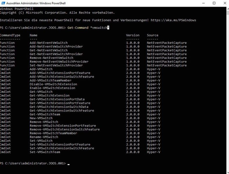 Anzeigen der verschiedenen Cmdlets zur Verwaltung von Hyper-V-Switches in der PowerShell. (Bild: Joos - Microsoft)