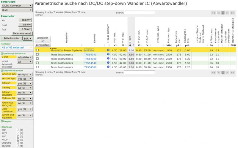 Bild 3: Ersatz-IC-Suche am Beispiel des MP1584. (Bild: DCDCselector)
