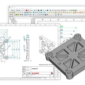 Deriving a manufacturing drawing of the end plate in the Techdraw workspace in Freecad and exporting as a PDF document for document management.(Image: Alsado)
