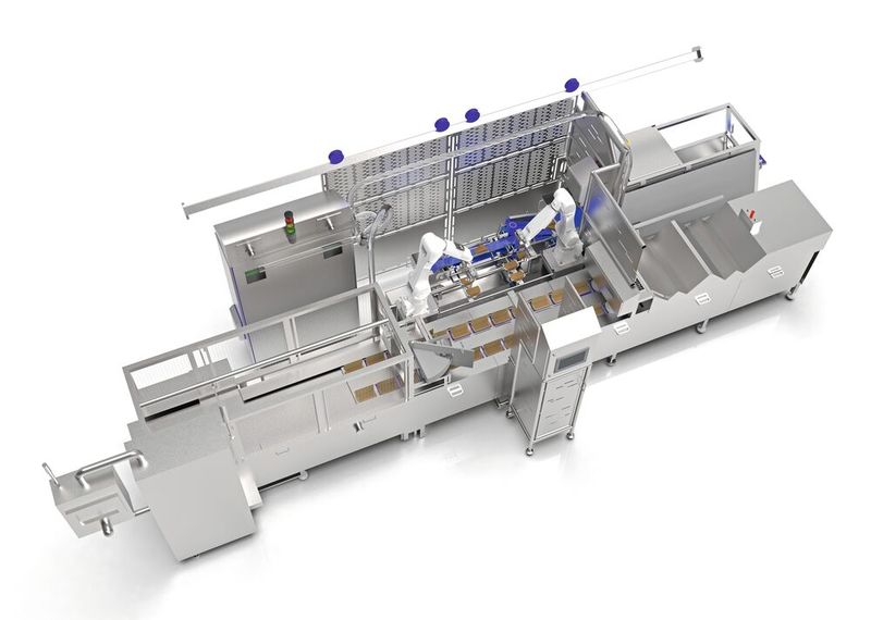 Die KR Agilus HM schneiden beim britischen Sandwich-Hersteller die belegten Snacks zu, Bildsensoren prüfen die Schnittqualität. (Bild: KUKA)