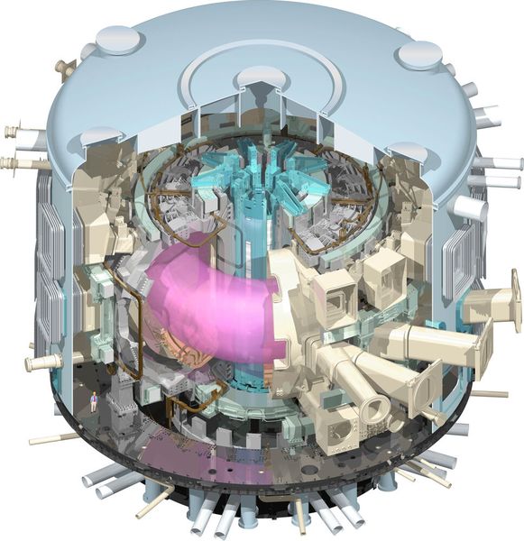 Das Herzstück des Iter-Fusionsreaktors ist fertiggestellt – der zentrale Solenoid-Magnet. Der 18 Meter hohe Zylinder des Plasmabehälters erzeugt ein 13 Tesla starkes Magnetfeld. (Bild: Iter)