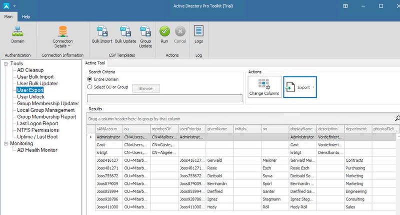 Entweder können alle Benutzer der Domäne oder nur die Benutzer aus bestimmten OUs oder Sicherheitsgruppen mit AD User Export Tool exportiert werden. (Bild: Joos / Active Directory Pro)