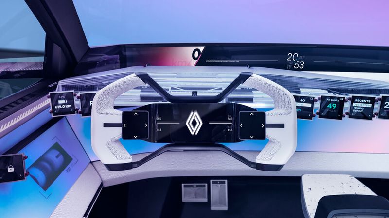 Auch das Innenleben mit dem fast rechteckigen Steuerhorn dient derzeit eher der Show, als dasses Realitätsbezug hätte. (Bild: Renault)