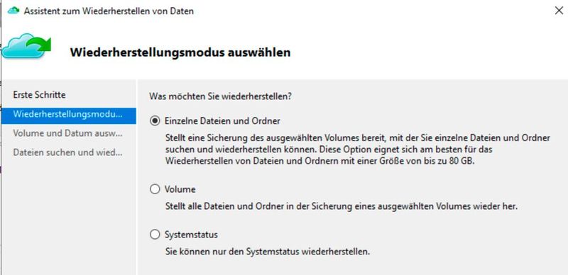 Nach der Sicherung mit Azure Backup, lassen sich über ein Windows-Tool Daten aus der Cloud wiederherstellen. (Bild: Joos - Microsoft)