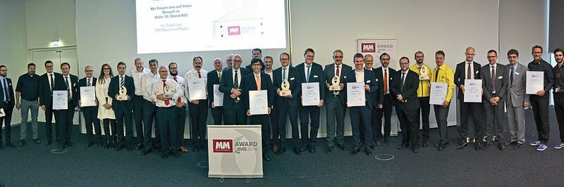Die glücklichen Gewinner des MM Award zur AMB, der in vier Kategorien an insgesamt fünf Innovationen verliehen wurde. (Stefanie Michel/VCG)