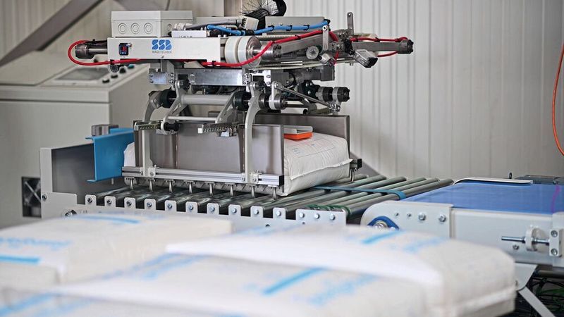 Ausgestattet mit speziell angepassten Greifsystemen erfassen die Roboter jedes einzelne Sackgebinde sicher. (Bild: SSB-Waagen)