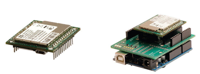 Cellv1.0: Platine solo (links) und huckepack auf einer Arduino-Platine (Bild: RS Components)