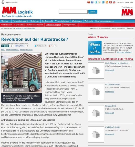 Zu den Aktivitäten des Geschäftsfelds ES&D wurden zahlreiche Beiträge in Fach- und Publikumsmedien veröffentlicht. Die Pressearbeit rund um den Genfer Autosalon und das Konzeptfahrzeug microMAX generierte knapp 2,5 Millionen Berichte im Internet und annähernd 500.000 Beiträge in Printmedien. (Bildquelle: Linde Material Handling)
