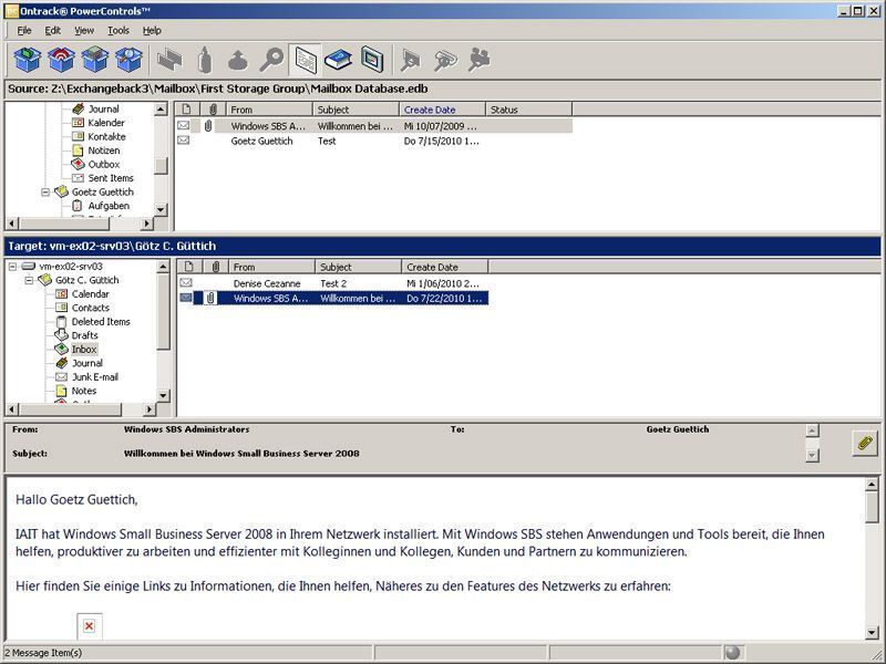 Die Ontrack PowerControls für Exchange bieten ein übersichtliches Interface, das Quelle und Ziel deutlich visualisiert. (Archiv: Vogel Business Media)