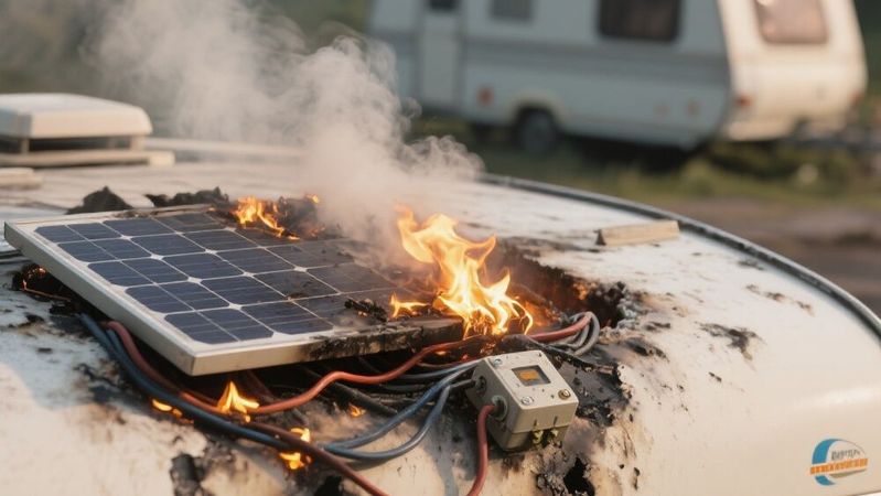 Fehlerhaft installierte Wohnmobil‑Solaranlagen können Urlaubsträume in Flammen aufgehen lassen.(Bild:  Dall-E / KI-generiert)