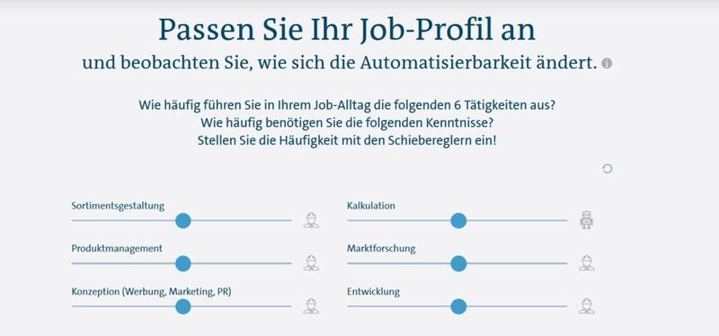 Laut dem Job-Futuromat besteht der Job des Produktmanagers vorrangig aus diesen 6 Tätigkeiten. Zudem kann man hier noch den Schwerpunkt der verschiedenen Tätigkeiten anpassen. (https://job-futuromat.ard.de/)