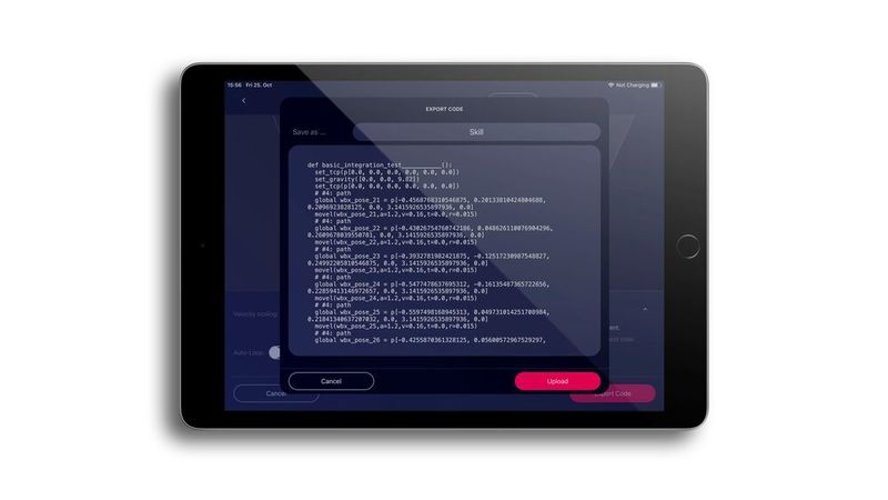 Die zum Produkt gehörige I-Pad-App übersetzt den angelernten Pfad in die jeweilige Roboterprorammiersprache und exportiert den Code auf den Roboter. (Wandelbots)