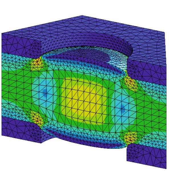 Bild 3: Bei anliegender Spannung dringt das elektroaktive Elastomer in die perforierten Elektroden (Simulation).  (Bild: Fraunhofer-LBF)