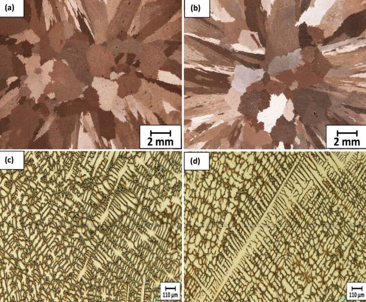 Figure 3: Images of as-cast alloys: (a) Macrostructure of sample of A1 alloy; (b) Macrostructure of sample of A2 alloy; (c) Microstructure of sample of A1 alloy; (d) Microstructure of sample of A2 alloy. (Denis Avila)
