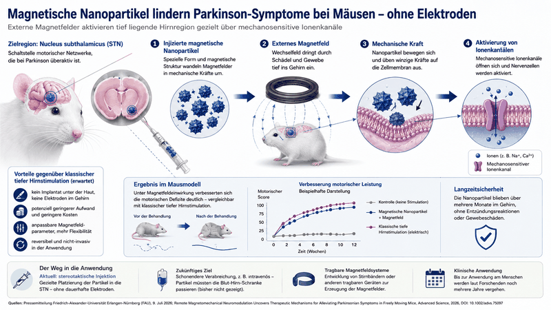 Danijela Gregurec und ihr Team konnten mit magnetischen Nanopartikeln Bewegungsdefizite bei Mäusen mit Parkinson-ähnlichen Symptomen lindern.(Grafik: Guido Deußing [nach Wolters et al., Advanced Science 2026]))