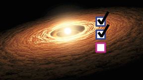 Ein junger Stern, der von einer Scheibe aus Gas und Staub umgeben wird. Aus diesem Material können neue Planeten entstehen. Ob diese die chemischen Voraussetzungen für Leben besitzen, hängt vom richtigen Sauerstoffgehalt während der Kernbildung ab. (Bild: NASA / JPL-Caltech (bearbeitet))