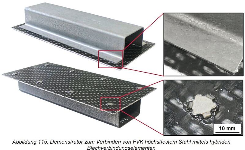 Verbinden von FVK mit höchstfestem Stahl mittels hybriden Blechverbindungselementen. (IWF TU Braunschweig)