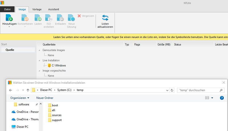 Mit dem kostenlosen Tool NTLite lassen sich Installationsmedien von Windows 10 anpassen und Patches integrieren. Dazu werden die Installationsdateien in NTLite integriert. (Joos / Microsoft)