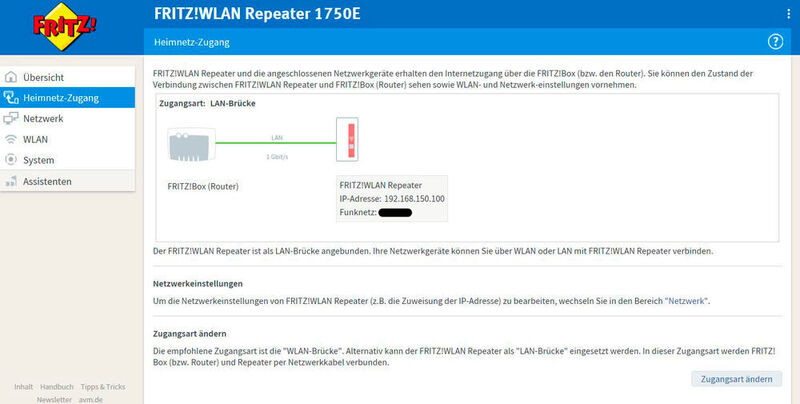 Der AVM Repeater 1750E wird in der Betriebsart LAN-Bridge via Kabel mit der Hauptbox verbunden und fungiert dann als Dual-Band-Access-Point. (VIT (Donner) / AVM)