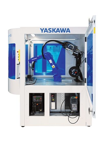 Die Arc World HS Micro von Yaskawa ist eine Kompakt-Arbeitsstation für den Einstieg in die Automation oder Ergänzung von Hand-Arbeitsplätzen. Sie eigne sich um kleinere Bauteile in Kleinserien mit dem Motoman AR900 zu schweißen. (Yaskawa)