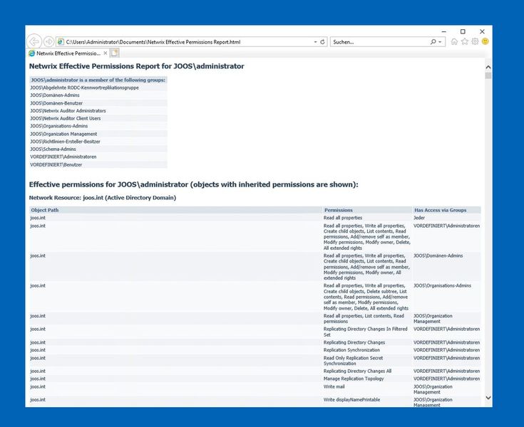 Mit dem Effective Permissions Report bietet Netwrix ein Tool an, das Berechtigungen für Benutzer und Gruppen für Active Directory auslesen kann und in einem Bericht anzeigt. (Bild: Netwrix / Joos)