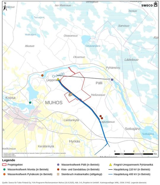 Starkstrom vor der Tür: Das 400-kV-Leitungsbündel des Netzbetreibers Fingrid führt quer durch das Projektgebiet in Muhos, das Umspannwerk Pyhänselkä liegt an der Nordwestecke. Dort soll der Campus mit 400 kV angeschlossen werden. (Bild:  UVP-Programm Rechenzentrum Muhos (2025), S. 43;  Legende übersetzt.)