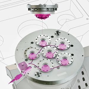 A typical Stark.intelligence 5-axis milling set-up for automated loading, accommodating six Stark.classic zero-point elements with sensor boxes and a master unit with IO-Link coupler.(Source:  Roemheld)