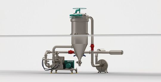 Typische Anlagenaufstellung einer Prallmühle mit Sichter, bestehend aus  Mühle, Filter und explosionsschutztechnischen Komponenten.(Bild:  Netzsch Trockenmahltechnik)