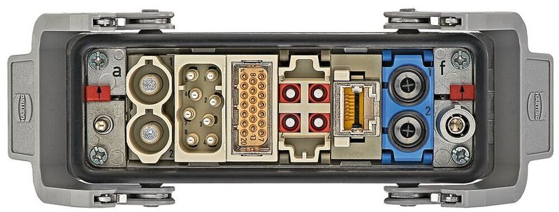 Der modulare Steckverbinder führt Leistung, Signale, Daten und Druckluft in einem Steckverbinder zusammen. (Bild: Harting)