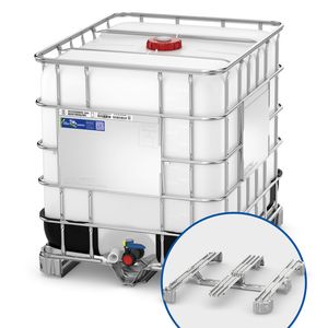 Die 3-Kufen-Stahlpalette mit geprägten Blechkufen verfügt im Vergleich zur Standard-Stahlkufenpalette über eine zusätzliche Mittelkufe. Diese sorgt durch eine verbreiterte Auflagefläche für eine verbesserte Gewichtsverteilung.(Bild:  Schütz)