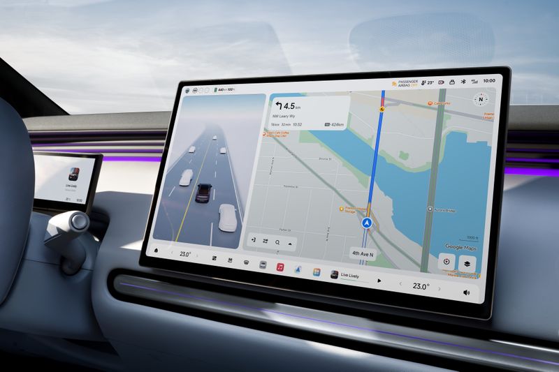 Verbaut sind drei brillante Bildschirme: ein 8,9-Zoll-Instrumentendisplay, einen 15,6-Zoll-Zentraltouchscreen mit 2.5K-Auflösung und ein großformatiges 26,8-Zoll-Head-up-Display.  (Bild: Xpeng)