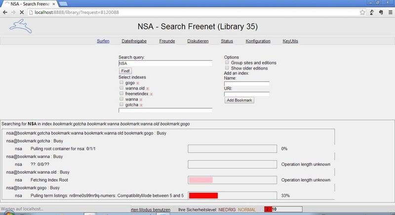 Google ist anders: Beim offenen, vom WWW abgekoppelten Freenet heißt es schon bei der Suche: “Warten”. (Bild: Screenshot/Freenet)