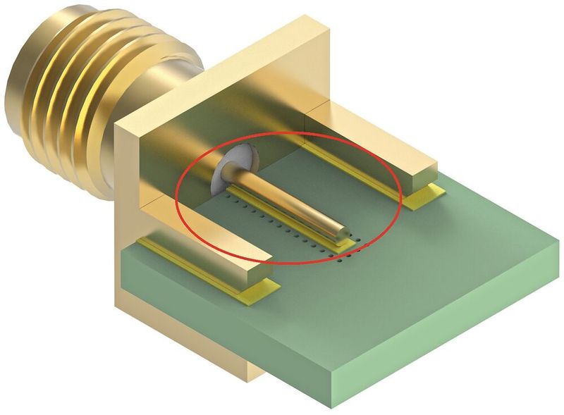 Bild 5a: Der Signalpin vom Drehkontakt (Round Post) verursacht ohne zusätzliche Anpassung eine erhebliche Störstelle nach dem Löten. (Bild: Würth Elektronik)