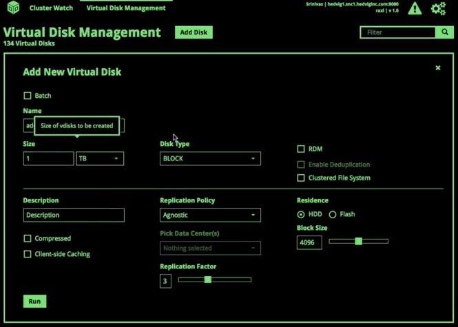 Die Schnittstelle für das Virtual-Disk-Management erlaubt die Definition einer virtuellen Disks mit Eigenschaften wie Kompression, Deduplizierung, Replikationshäufigkeit etc. mit nur wenigen Eingaben und Klicks  (Hedvig)