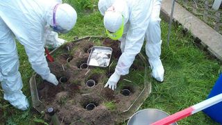 Wissenschaftler des Fraunhofer-Instituts für Molekularbiologie und Angewandte Ökologie vergraben Prionen für Langzeitstudien im Boden.  (Foto: Fraunhofer IME)