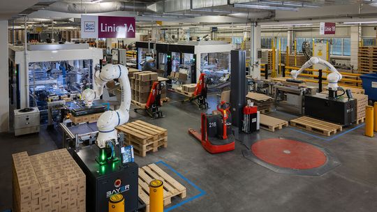 Insgesamt vier solcher Palettiersysteme automatisieren beim Süßwarenhersteller Ritter den letzten Schritt in der Verpackungskette.(Bild:  Yaskawa Europe)