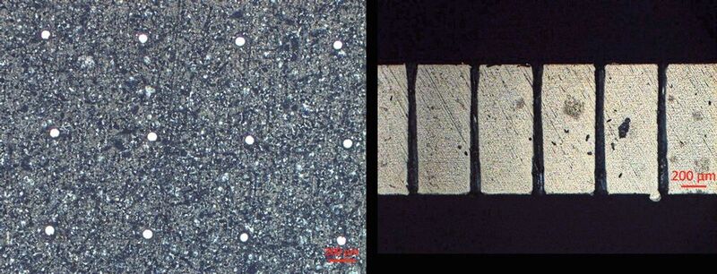 Ansicht der Mikrobohrungen mit Durchlicht (links) und Längsschnitt der Bohrungen (rechts). (Fraunhofer-ILT)
