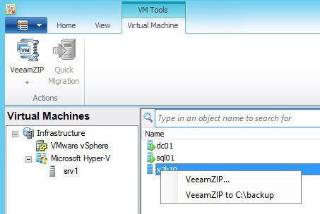 Abbildung 5: Nach erfolgreicher Anbindung des Hosts, wechseln Administratoren auf den Host und sehen die auf dem Server installierten virtuellen Server. Über das Kontextmenü und die Auswahl von Rescan liest Veeam die Server noch einmal ein. Auf der Registerkarte Home oder über das Kontextmenü steht die Funktion VeeamZIP zur Verfügung. Über diese erfolgt die Sicherung. (Bild: Joos)