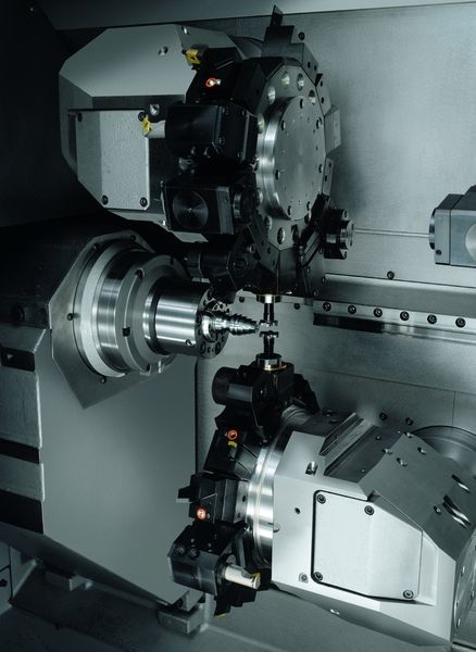 Bild 3: Die beiden gegenüberliegenden Y-Achsen steigern die Produktivität; beide Revolver können an der Hauptspindel oder je einer an Haupt und Gegenspindel arbeiten. Bilder: Index (Archiv: Vogel Business Media)
