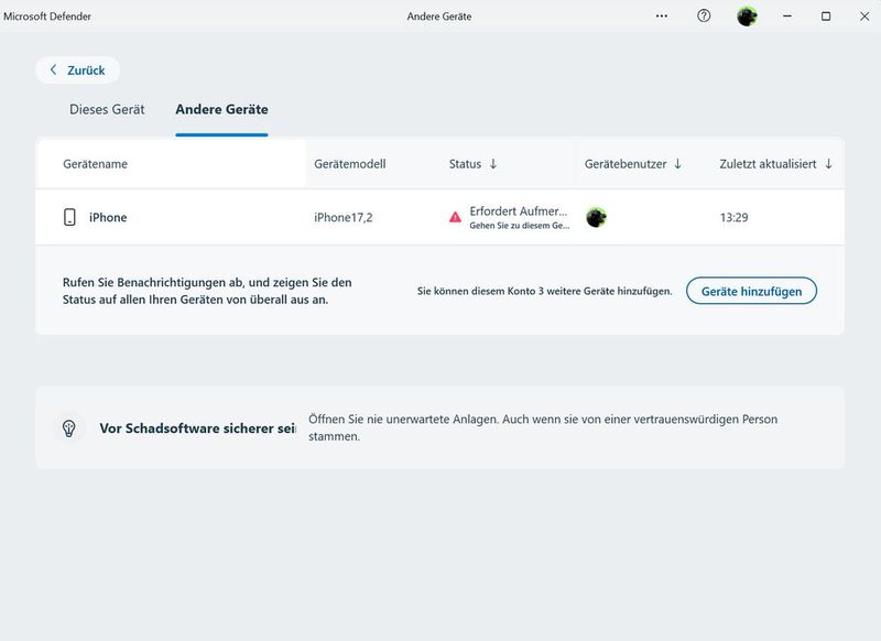 Anzeigen des Schutzstatus auf einem iPhone, das an Microsoft Defender for Individuals angebunden ist. (Bild: Joos)
