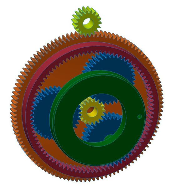 Planetengetriebe in ein Stirnradgetriebe hineingebaut. (Maul Konstruktionen)
