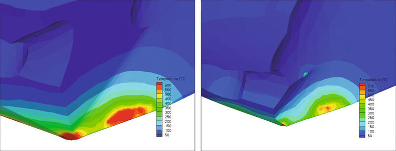 Die thermographische Untersuchung zeigt, dass die Wärmebelastung an der Schneide beim RT 100 HF rechts deutlich geringer ist als bei einer herkömmlichen Schneidengeometrie. (Gühring) (Archiv: Vogel Business Media)