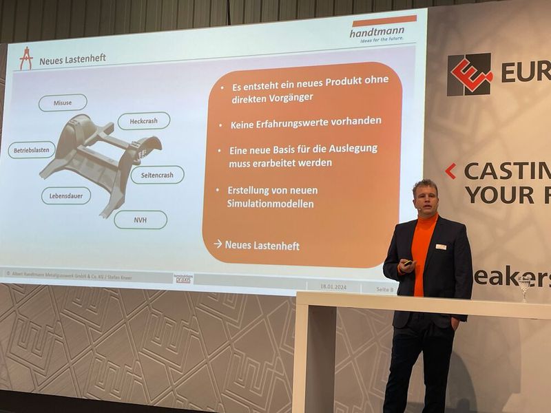 Stefan Kneer, Abteilungsleiter Konstruktion und Business Development bei Albert Handtmann, schilderte in seinem Vortrag die Anforderungen, die das Mega-Casting an den Konstrukteur stellt. Dabei wird deutlich, dass sich die Abteilungen Simulation und Konstruktion eng abstimmen müssen. Die Planung für das Mega-Casting beginnt bereits in der Vorentwicklung.   (Bild: VCG/U. Drescher)