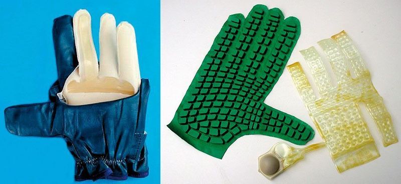 Bild 1: Aufbau von Vibrations-Schutzhandschuhen aus viskoelastischem Material: links mehrlagiger Aufbau, rechts genoppt und Luftkammerkissen. (Archiv: Vogel Business Media)