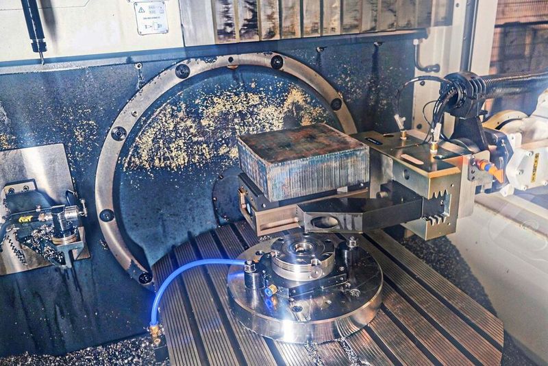 The billet being lowered by the robot onto the zero-point, pneumatically-actuated clamping station mounted on the table of the 5-axis machine. (Source: Whitehouse Machine Tools )