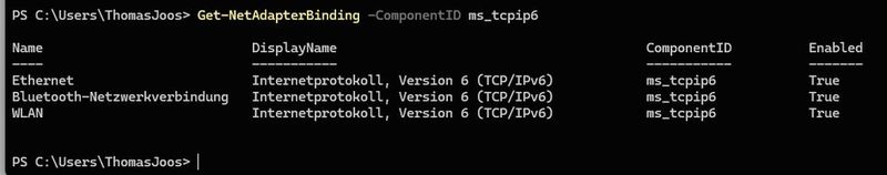 Get-NetAdapterBinding mit ComponentID ms_tcpip6 zeigt die aktive IPv6-Bindung auf Ethernet-, WLAN- und Bluetooth-Schnittstellen im laufenden System. (Bild: Joos | Microsoft)