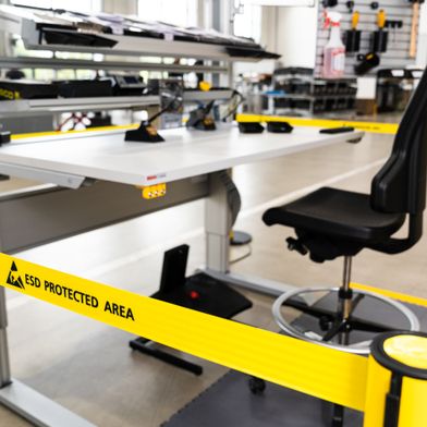 Setting up an Electrostatic Protected Area (EPA) is a basic requirement in ESD safety. Strict access restrictions apply to this clearly marked-out area.  (Source: item)