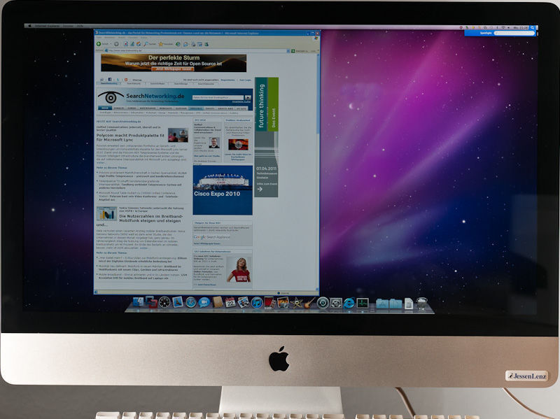 Abbildung 1: Ob auf Mac Pro, iMac oder MacBook, VMware erweitert die Möglichkeiten von MacOS und profitiert von den Virtualisierungstechniken von Intel. Eine Windows-Anwendung (hier Microsoft Internet Explorer) kann optisch so gestartet werden als wäre sie eine normale Mac-Anwendung. Performance-Einbußen, wie sie von einigen Internetforen berichtet werden sind bei der getesteten Version nicht fest zustellen. Es liegt jedoch auf der Hand, dass ein Dual-Core MacBook langsamer ist, wie ein Quad-Core iMac mit einem Intel i5 (hier 2,8 GHz, Model 11,3). Der im Workshop verwendete Computer wurde freundlicher Weise von der Firma JessenLenz zur Verfügung gestellt. (Archiv: Vogel Business Media)