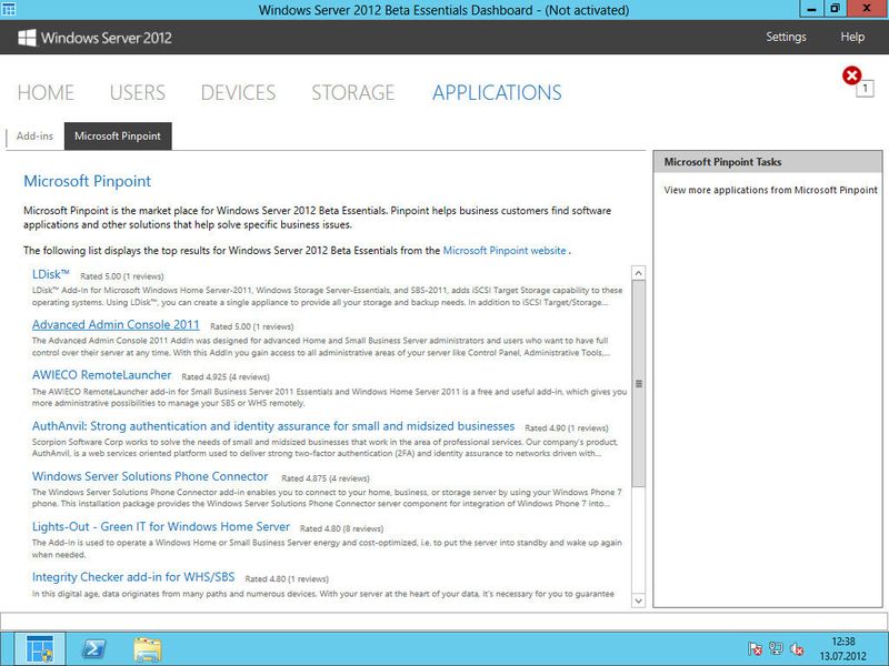 Über den Menüpunkt Applications können Administratoren auf den internen Store für Windows Server 2012 Essentials zugreifen. Über diesen lassen sich Zusatzprogramme und Add-Ins speziell für Windows Server 2012 Essentials installieren. (Archiv: Vogel Business Media)