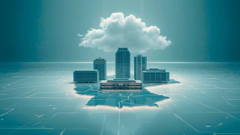 Delos Cloud ergänzt Azure um ein angepasstes Betriebsmodell für den öffentlichen Sektor. Dabei soll die Nutzung der Cloud den regulatorischen Anforderungen entsprechen angepasst werden.(Bild:  Canva / KI-generiert)